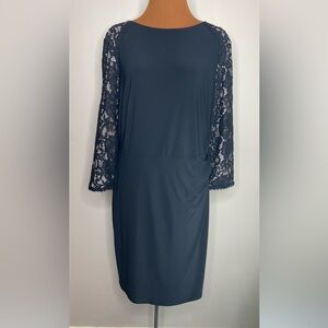 Lauren Ralph Lauren Black Shift Dress Ruching 3/4 Sleeve Crew Neck Size 14